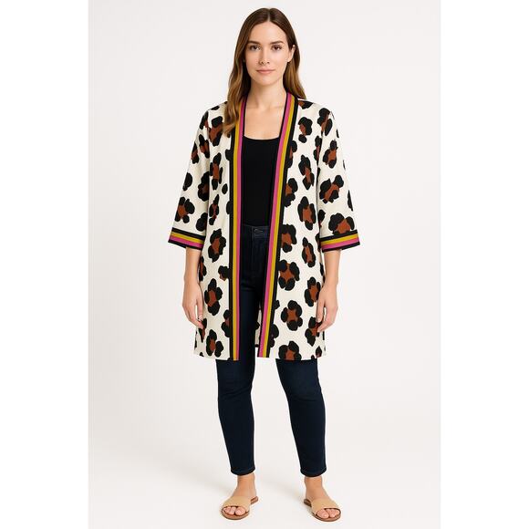 La Mode Cheetah Print Kimono Top with Striped Trim L - Picture 1 of 5